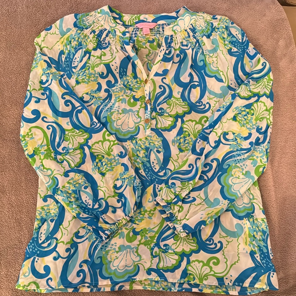 Lilly Pulitzer Elsa blouse 100% silk XS white blue green